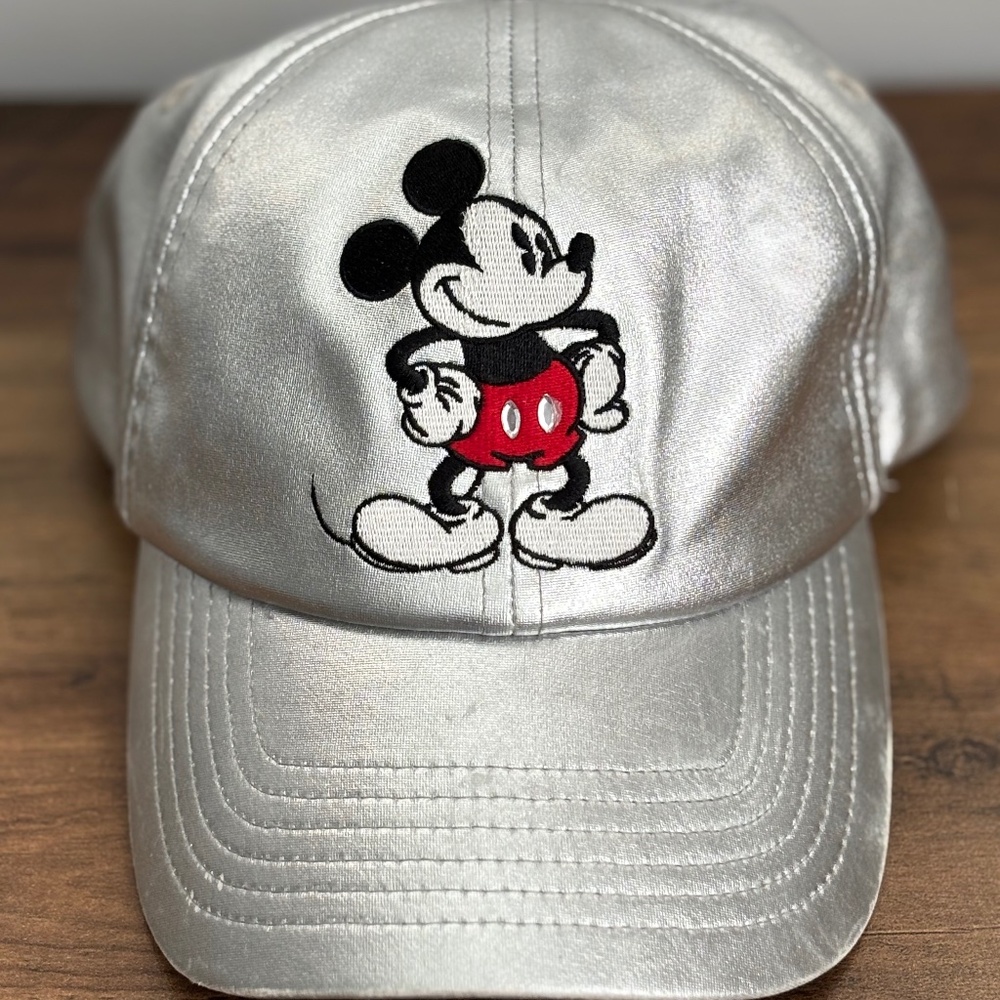 Disney Parks MICKEY MOUSE Hat Shiny SILVER Cap Adult Strapback Embroidered NEW
